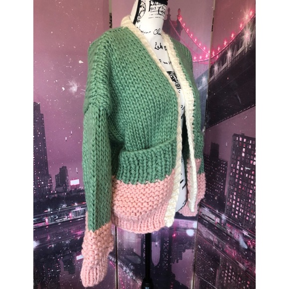Cardigan sweater boho knit puff sleeve thick chic chunky green pink - Picture 13 of 14